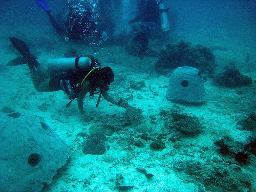 Building an artificial reef balls in Kokay's Maldito Dive Resort - House Reef.