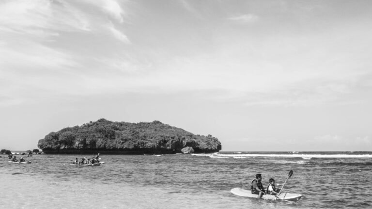 Scenic black and white image of people kayaking near an island under a clear sky.